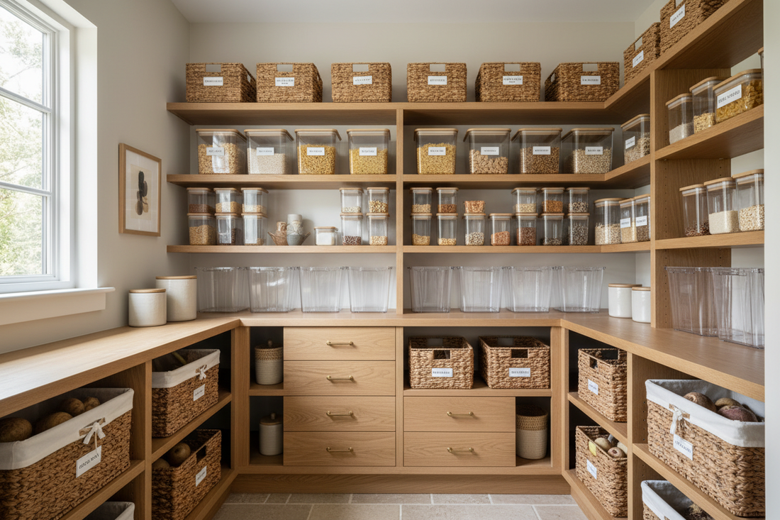 How to Organize Pantry Shelves with Deep Baskets and Clear Bins